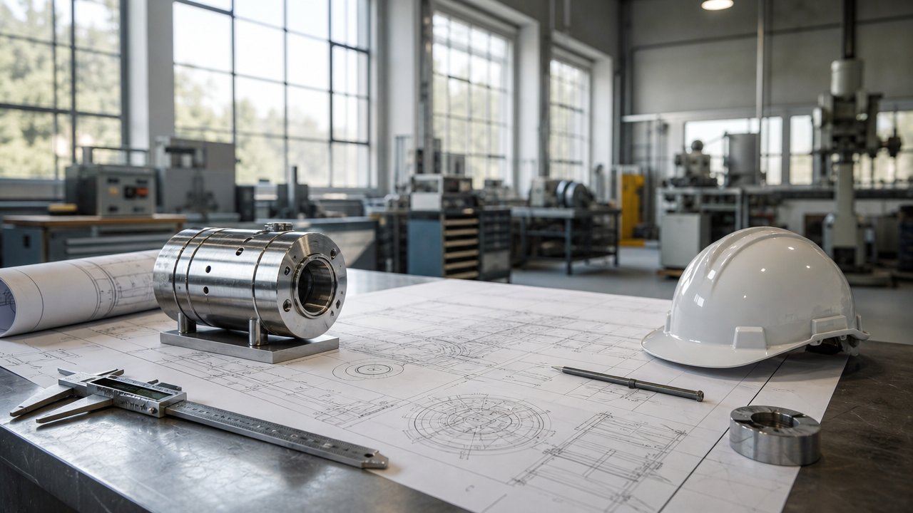 Immagine illustrativa: progetti tecnici e un componente metallico su un tavolo da lavoro in un'officina industriale