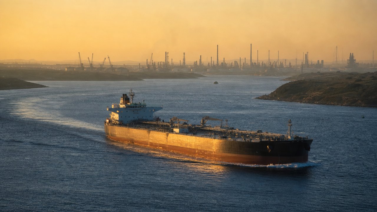 Immagine illustrativa: petroliera generica in transito in un canale marittimo stretto, con impianti industriali sullo sfondo