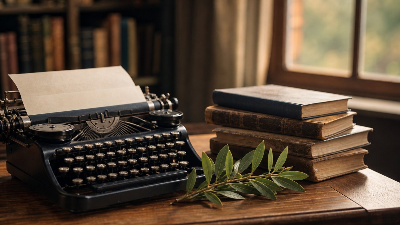 Immagine illustrativa: una macchina da scrivere vintage su una scrivania di legno, accanto a libri antichi e un ramo di alloro, luce calda da finestra
