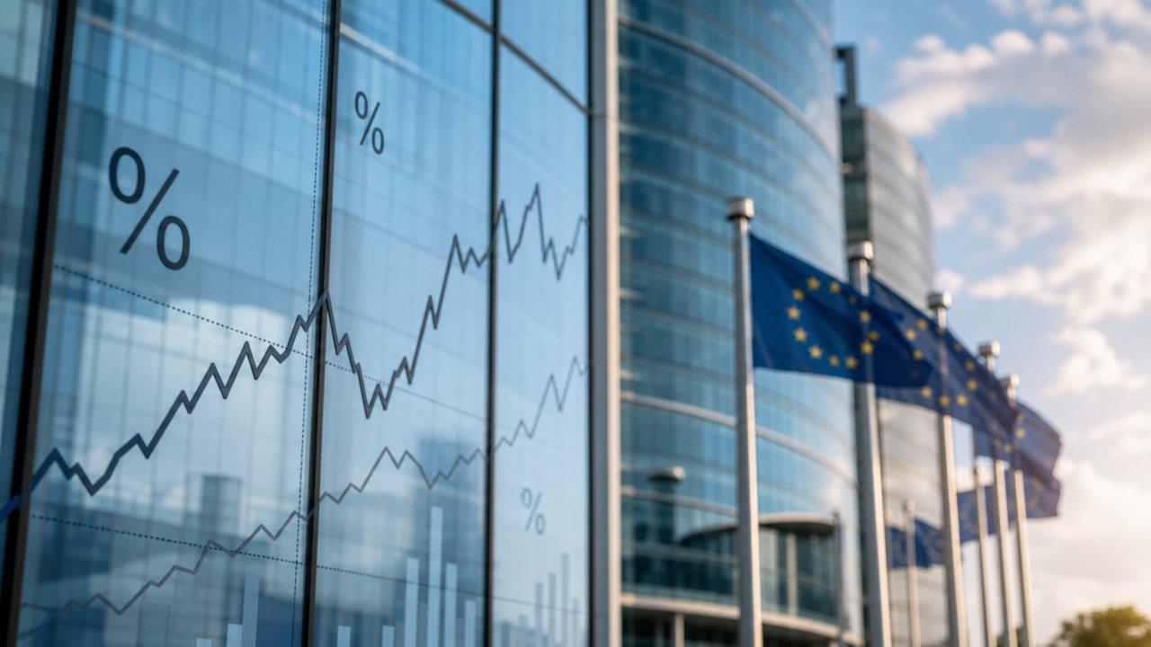 Immagine illustrativa: bandiere dell'Unione Europea davanti a un edificio istituzionale, con grafici finanziari sovrapposti