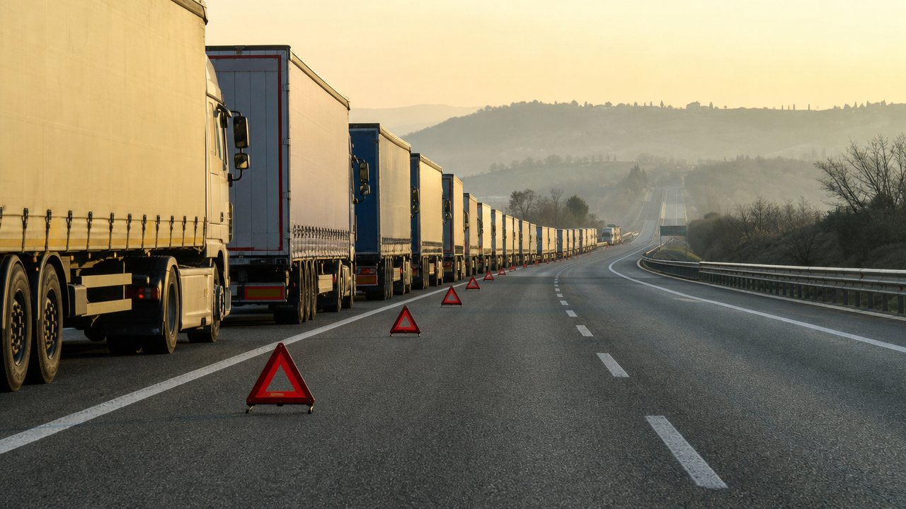 Immagine illustrativa: una fila di tir generici fermi sulla corsia di emergenza di un'autostrada all'alba