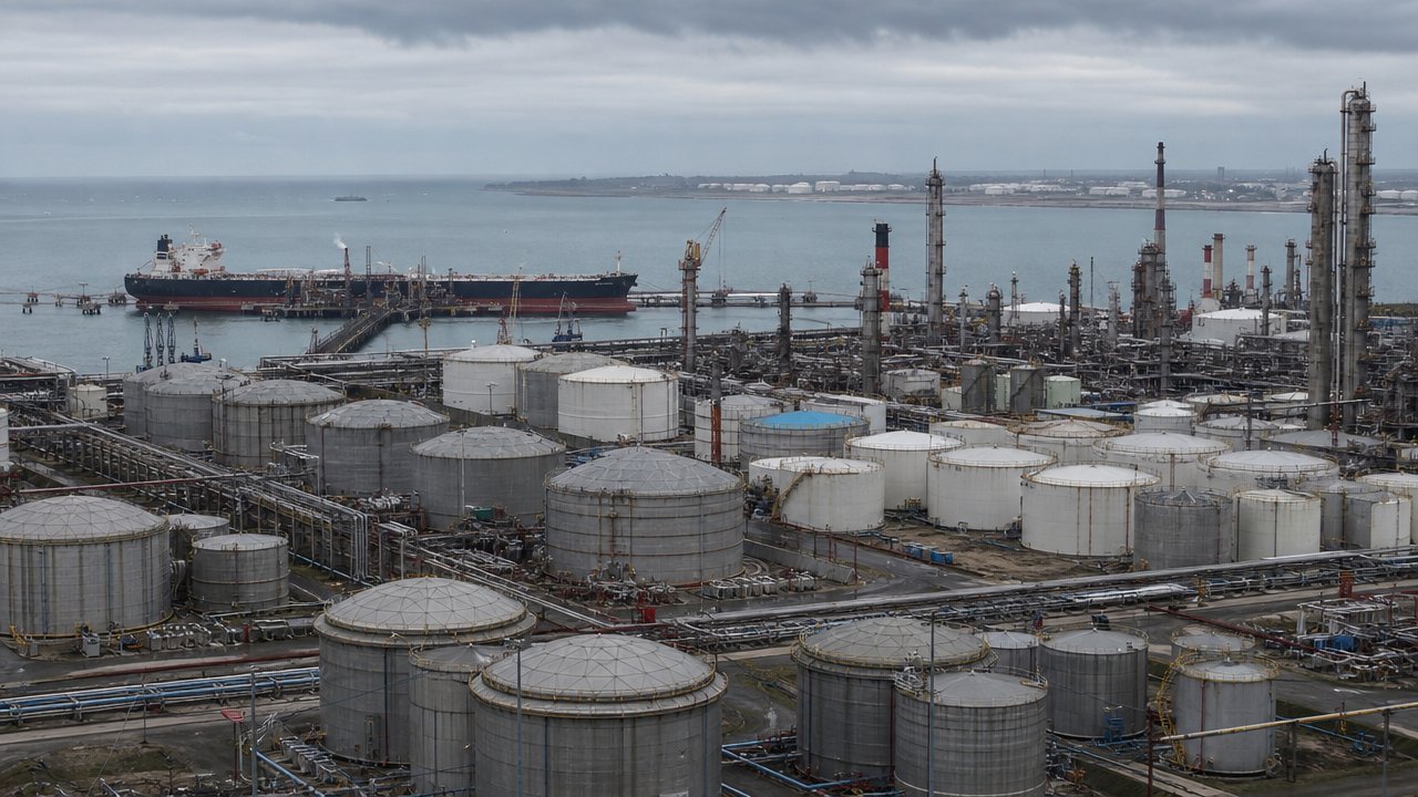 Immagine illustrativa: un complesso industriale di raffinazione del petrolio con serbatoi e una nave cisterna sotto un cielo grigio