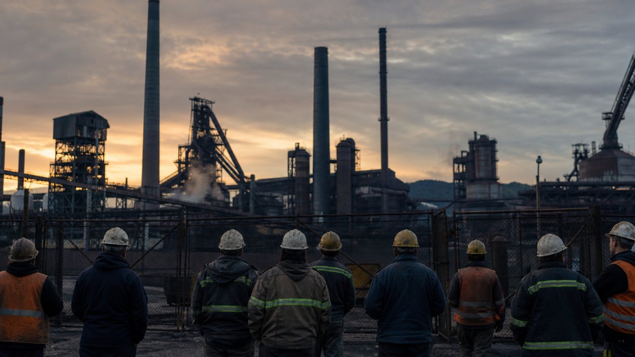 Immagine illustrativa: capannone industriale generico con operai e elmetti da cantiere in controluce
