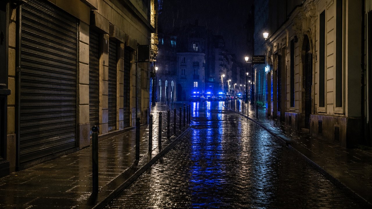 Immagine illustrativa: una strada cittadina vuota di notte con negozi chiusi e luci di veicoli della polizia in lontananza