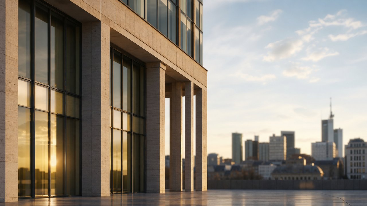 Immagine illustrativa: facciata di un edificio bancario moderno con cielo al tramonto, immagine simbolica
