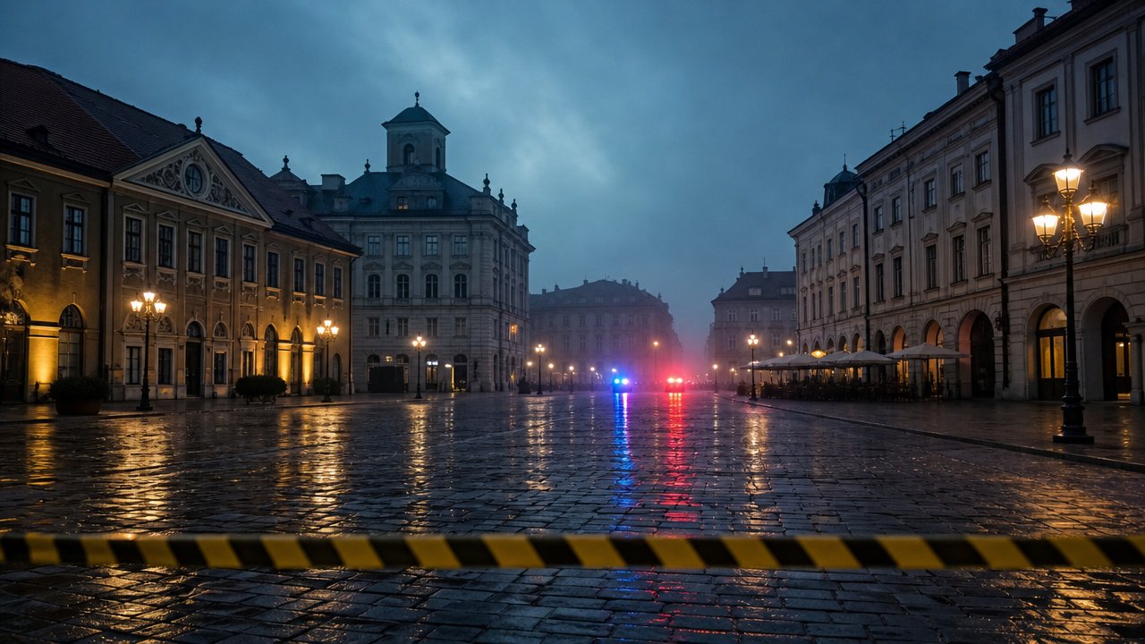 Immagine illustrativa: una piazza cittadina vuota al crepuscolo con nastro di sicurezza in primo piano e luci di emergenza sullo sfondo