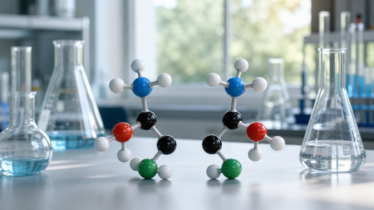 Immagine illustrativa: becher e strumenti di laboratorio chimico con molecole simboliche su un banco di ricerca