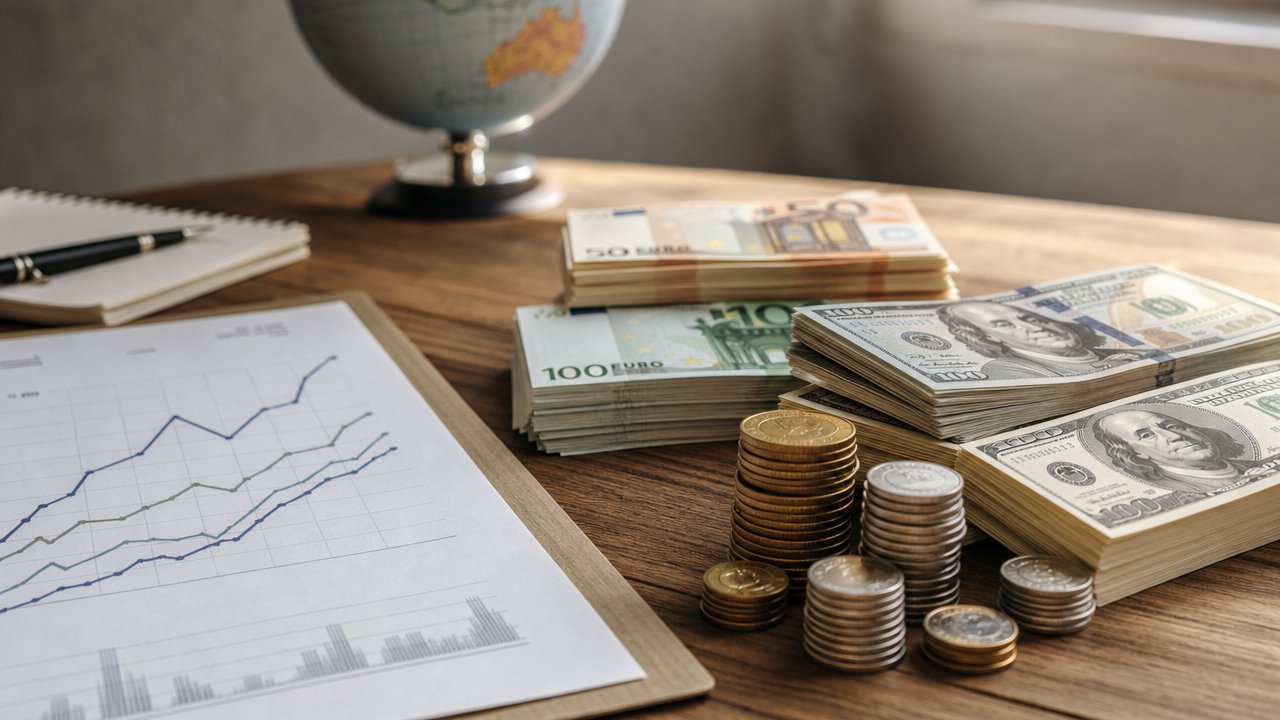 Immagine illustrativa: banconote, monete e un grafico di crescita economica su una scrivania, simbolo della ricerca macroeconomica