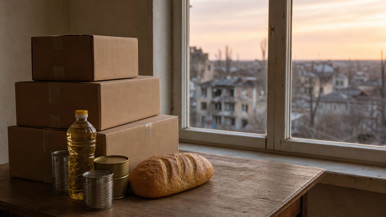 Immagine illustrativa: scatole di aiuti umanitari e un pane su un tavolo, sullo sfondo sfocato una città ferita dalla guerra