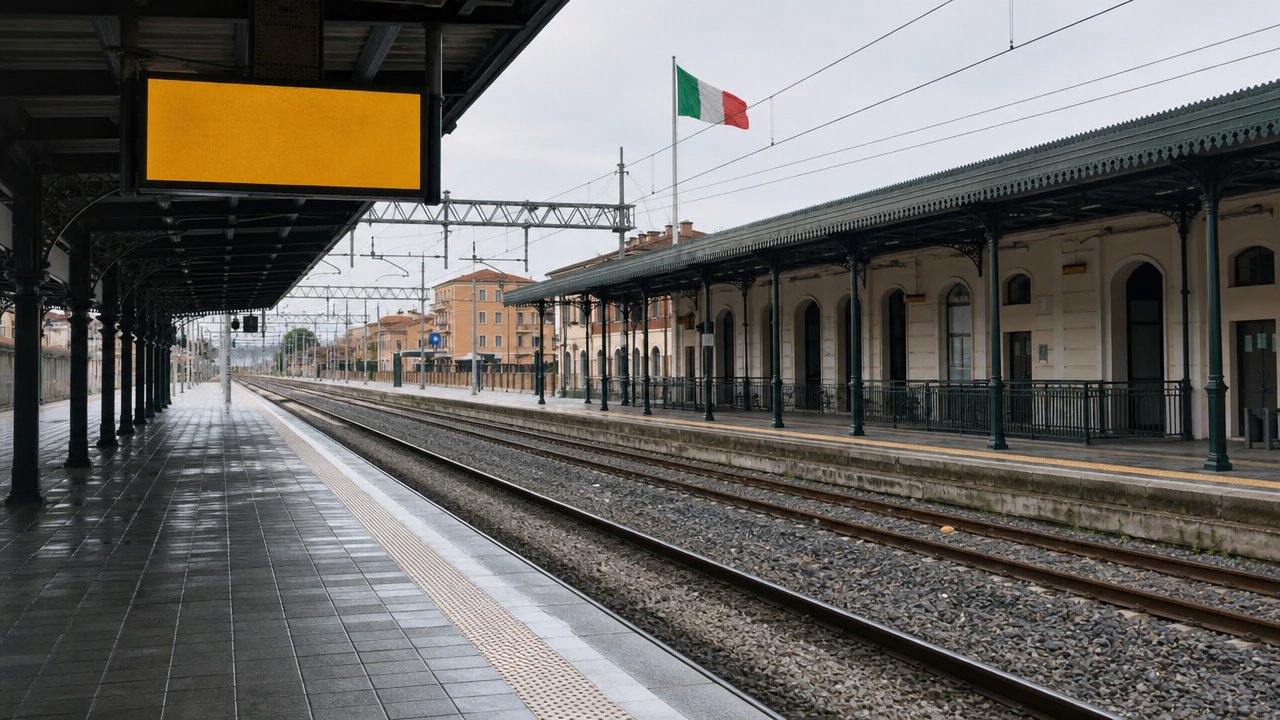 Immagine illustrativa: una banchina ferroviaria vuota con il tabellone delle partenze, nessun treno in transito