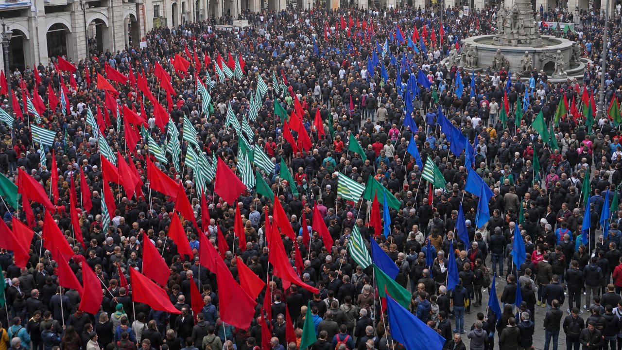 Immagine illustrativa: una piazza italiana generica con bandiere sindacali stilizzate, atmosfera di corteo