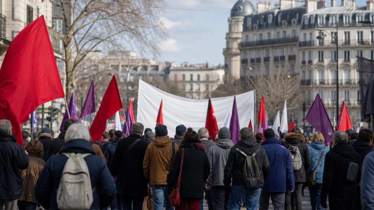 Immagine illustrativa: corteo generico con bandiere sindacali in una strada di città