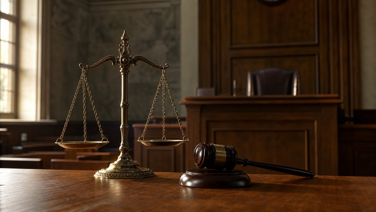 Immagine illustrativa: la bilancia della giustizia su un tavolo di un'aula di tribunale