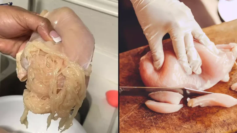 A woman posts a picture of a chicken breast that looked stretched out like spaghetti.