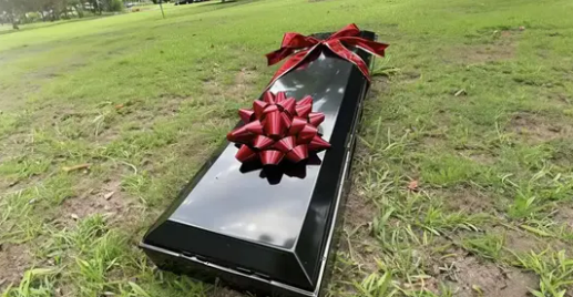 A coffin with a gift bow was brought to our wedding during the ceremony — I nearly fainted when it opened